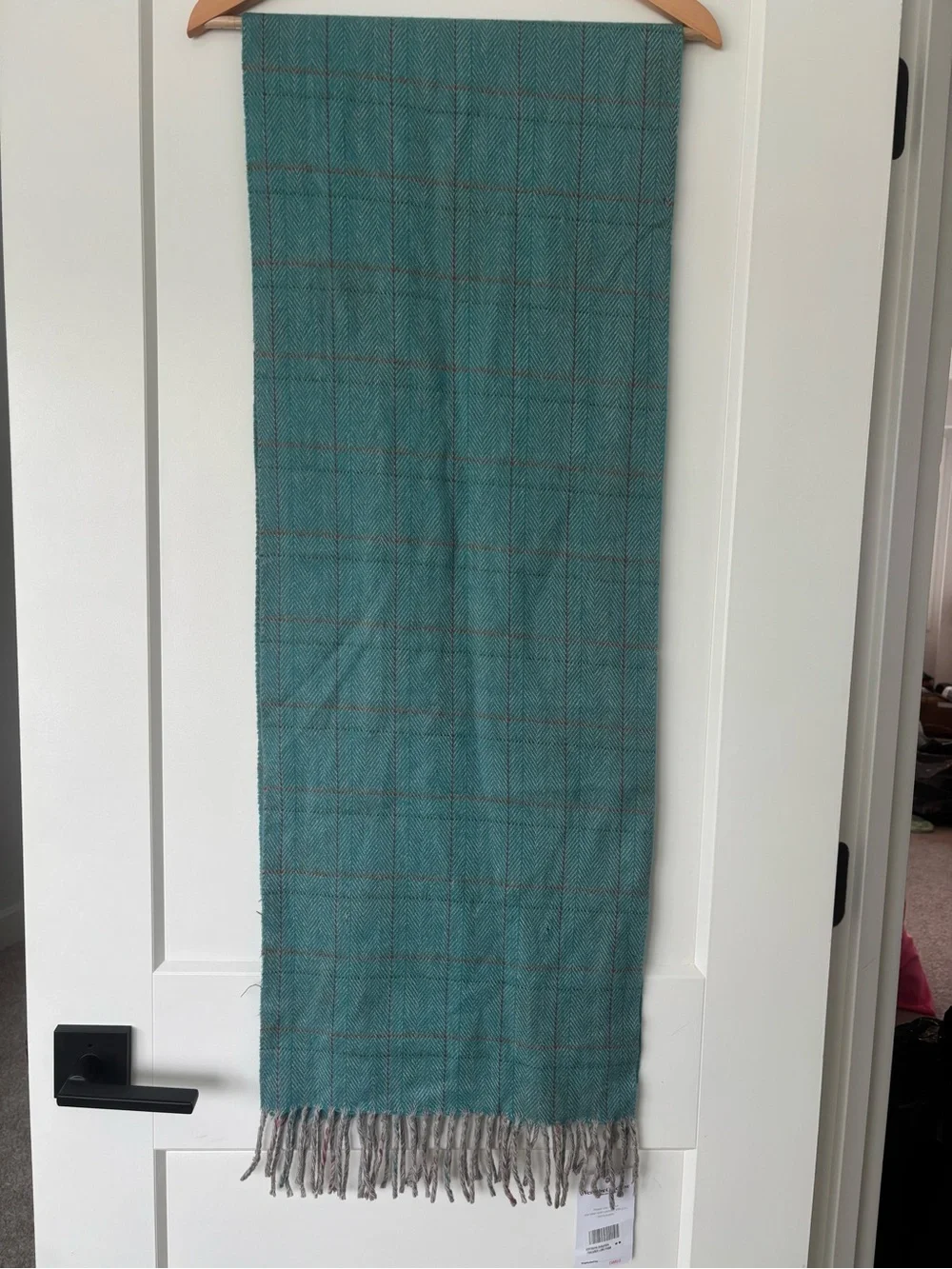 Loro Piana Teal Plaid Wool Scarf with Gray Fringe